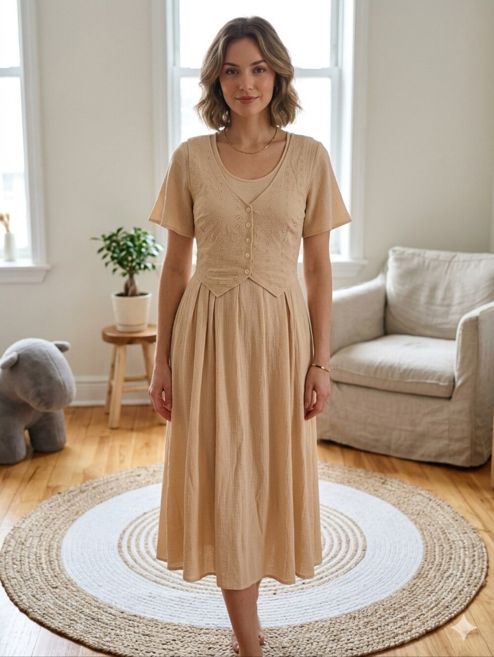 Algo Vintage 80s Beige Textured Maxi Dress Button Front Cottagecore Whimsical 15